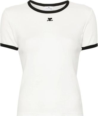 Courr&egrave;ges Logo Katoenen T-shirt met Contrasterende Afwerking - Dames - T-shirts - Wit - M - Katoen - Tops