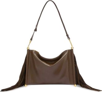 Furla XL su&egrave;de schoudertas met franje - Bruin