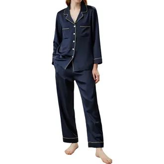LilySilk Womens Gold Piping Silk Pajamas Set in Navy Blue at Nordstrom, Size Medium