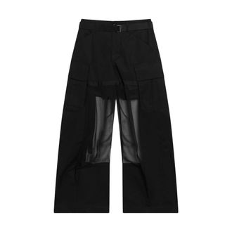 sacai Wide Trousers, female, Black, Size: M Chiffon And Cotton Wide-leg Pants