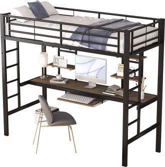 STILVORA Cama Alta Cama Individual Con Escritorio, 2 Estantes Y Bandeja, 90&times;200 Cm, Sin Colch&oacute;n, Negra