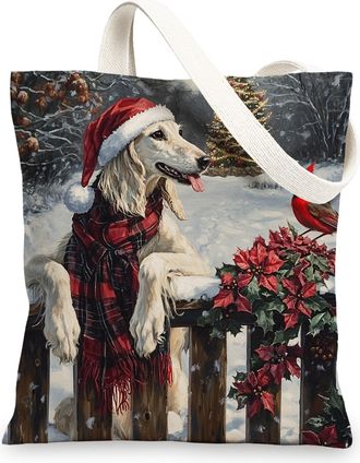 Generic Christmas Saluki Dog Canvas Tote Bag for Shopping 13x15, Winter Farmhouse Xmas Puppy Reusable Grocery Print Pattern Bag for Women, Happy New Year Beac