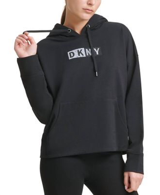 DKNY Dkny Womens Activewear Sport Logo Hooded Cotton Sweatshirt In Black