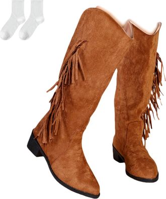 Generic Womens Mid-Calf Boots with Fringes, Slip-On Slouch Boots in A Suede Look with A Low Heel, Comfortable Winter Boots with A Pointed Toe for Autumn And W