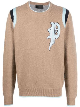 Philipp Plein intarsia-knit logo knitted sweatshirt - men - Cotton/Lambs Wool - L - Brown