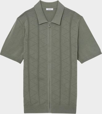 Reiss Mens Tay Pointelle Knit Full-Zip Polo Shirt
