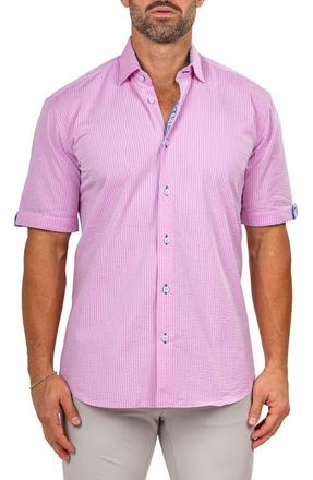 Maceoo Galileo Marthy Short Sleeve Cotton Button-Up Shirt in Pink at Nordstrom, Size 4