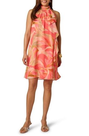 Adrianna Papell Floral Print Halter Trapeze Dress in Coral Multi at Nordstrom, Size 10