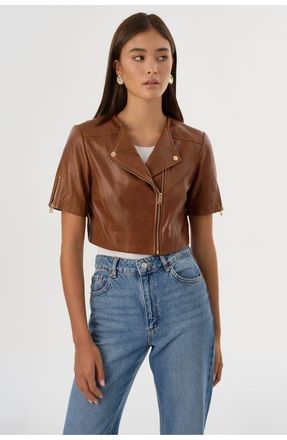 LaMarque Kirsi Gold | Cropped Biker Jacket in Luggage at Nordstrom, Size Xx-Small