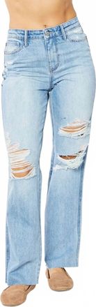 Judy Blue High Waist Rigid Magic 90s Destroy Straight Jeans In Light Wash