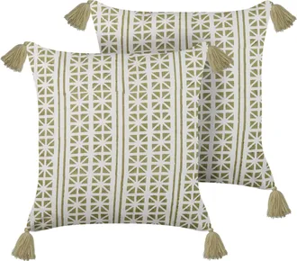 Beliani Conjunto De 2 Cojines De Algod&oacute;n Verde Claro Blanco 45 X 45 Cm A Mano Syringa