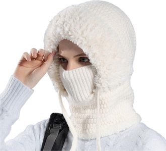 Generic 3 in 1 Winter Hat with Scarf and Mask, Womens Outdoors Windproof Knitted Hat, Elastic Warm One-Piece Hatand Scarf (UK, Alpha, One Size, White)