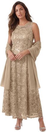 Roaman's Plus-Size Allover Lace Embellished Shawl Gown in Sparkling Champagne at Nordstrom, Size 28