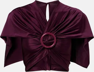 Paco Rabanne Gathered caped satin crop top