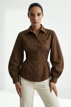 Exquise Arcene Fitted Waist Balloon Sleeve Shirt in Brown at Nordstrom, Size X-Large