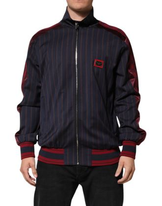 Dolce & Gabbana Blue Red Striped Logo Plaque Full Zip Mens Jacket