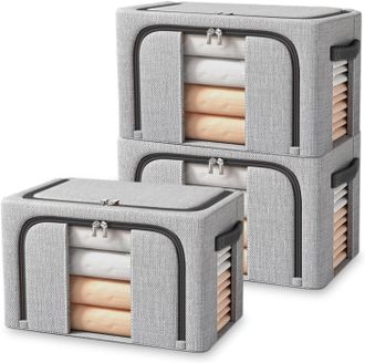OEM Caja De Almacenamiento - 24 L - Marco De Acero Inoxidable - Para Edredones Y Ropa - Gris - Paquete De 3