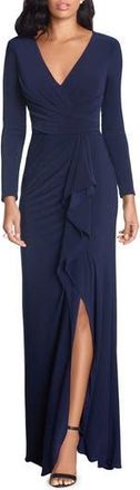 Betsy & Adam Cascade Ruffle Long Sleeve Stretch Jersey Gown in Navy at Nordstrom Rack, Size 14