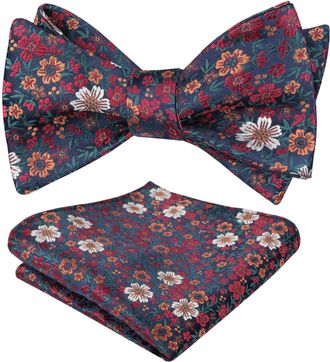 Alizeal Mens Self Tied Floral Classic Bow Tie and Pocket Square Colorful Wedding Party Bow Tie and Handkerchief Set, Dark Green+Red