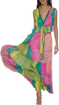 Ranee’s Fringe Trim Metallic Crop Top & Maxi Skirt Set in Pink at Nordstrom Rack, Size Large/x-Large