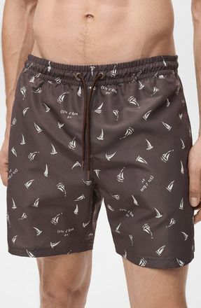 Mango Sailboat Print Swim Trunks in Brown at Nordstrom, Size Large