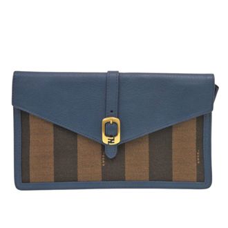 Fendi Blue Brown Leather Canvas Clutch Bag (Pre-Owned)