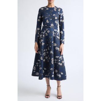 Emilia Wickstead Capucine Floral Print Long Sleeve Belted Satin Midi Dress in Magnolia Print - Midnight at Nordstrom, Size 12