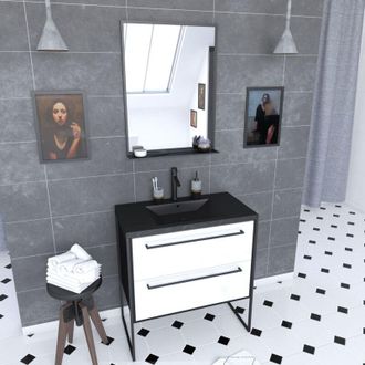 Aurlane Pack Mueble Ba&ntilde;o 80x50- 2 Cajones Blancos-lavabo Negro Efecto Piedra-espejo