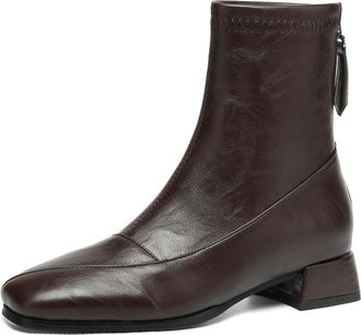 Generic Women Retro Square Toe PU Leather Ankle Boots Low Chunky Block Heels Side Zip Elastic Top Easy On Cushioned Non Slip Comfortable Durable Fashion,Brown