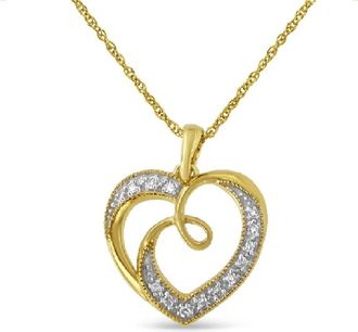 House of Brilliance 14K Yellow Gold Plated.925 Sterling Silver Diamond Accent Ribbon & Heart 18 Pendant Necklace (H-I Color, I2-I3 Clarity)