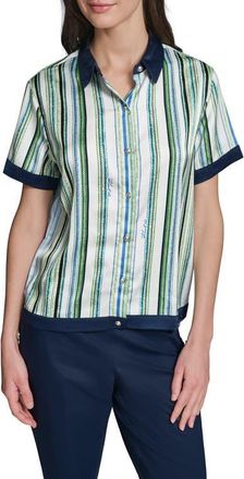 Karl Lagerfeld Stripe Contrast Trim Button-Up Shirt in Soft White/Sky Blue Multi at Nordstrom, Size X-Large