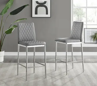 Furniturebox Set of 2 Milan Hatched Faux Leather Padded Counter Stools With Silver Chrome Metal Legs in Grey