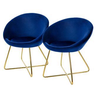 ML Design Ml-design - 2x Sillas De Comedor Ergon&oacute;micas Asiento Tapizado Azul Aspecto Terciopelo Patas De Metal Doradas Con Respaldo Redondo Y Reposabrazos Sill&oacute;