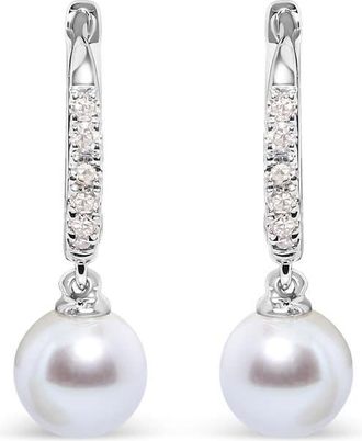 House of Brilliance 10K White Gold 6x6 MM Cultured Freshwater Pearl and Diamond Accent Drop Huggy Earring (H-I Color, I1-I2 Clarity)