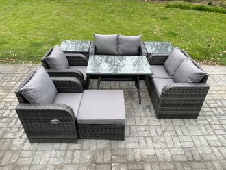 Fimous Wicker PE Rattan Garden Dining Set Outdoor Furniture Sofa with Rectangular Dining Table 2 Side Tables Big Footstool in Dark Grey