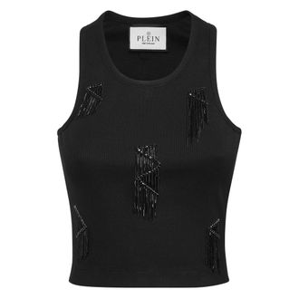 Philipp Plein Sleeveless Tops, female, Black, Size: M Jersey Rib Tank Top Fringe