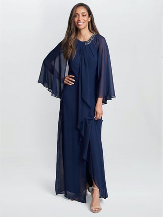 Gina Bacconi Womens Polly Maxi Halter Neck Dress With Embellishment And Capelet Sleeves - Navy - Size 14 UK