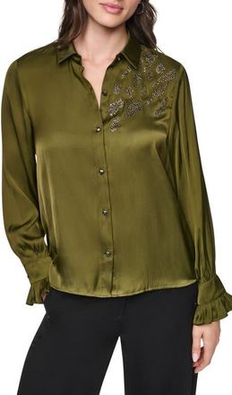 DKNY Animal Heat Set Studs Satin Button-Up Shirt in Dark Olive at Nordstrom, Size X-Small