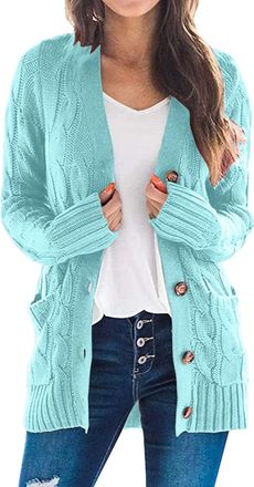 Generic IQYU Womens Cardigan with Cable Pattern Elegant Long Sleeve Button Down Twist Sweater Long Sweater Cardigan for Women Lightweight Summer Jacket, azure