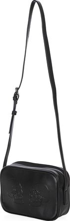 Banned BG34451 Twin Skull Black Engraved Skulls Double Zip Crossbody Bag, Black/White