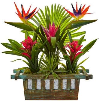 Nearly Natural Bird of Paradise and Bromeliad in Planter in Red at Nordstrom
