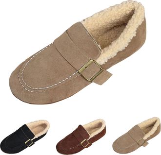 Generic Fuzzy Loafers for Women Slip On Casual Walking Shoes Winter Flats Womens Fleece Lined Round Toe Retro Buckle Strap Lightweight Work Suede Loafer Warm 