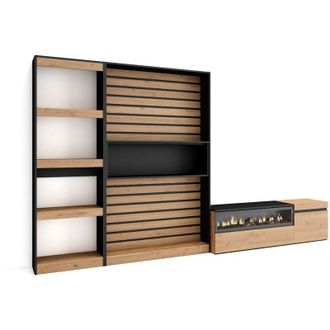 Skraut Home Muebles De Sal&oacute;n Para Tv, Conjunto De Muebles Comedor, 320x186x35cm, Chimenea El&eacute;ctrica, Estilo Moderno, Roble Y Negro - Skraut Home
