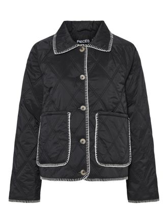 Pieces Womens Pcnaima Quilted Stitch Detail Jacket, Black/Detail:Cloud Dancer Tread, XL