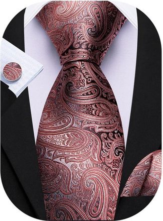 Barry.Wang Mens Pink Gray Paisley Tie Silk Necktie Pocket Square Cufflinks Set Handkerchief Wedding Party