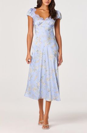 ASTR the Label Makaela Floral Satin Midi Dress in Blue Floral at Nordstrom, Size Medium