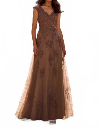 La Femme Short Sleeve Lace Gown In Cocoa Brown
