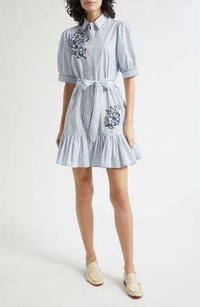 Cinq &agrave; Sept Zadie Floral Appliqu&eacute; Stripe Cotton Blend Shirtdress in White Multi at Nordstrom, Size 10
