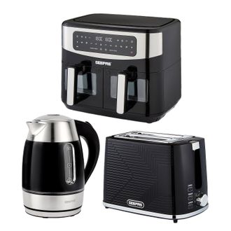 Geepas 1.7L Illuminating Electric Kettle 2 Slice Bread Toaster & 9L Dual Zone Air Fryer Kitchen Combo Set in Black