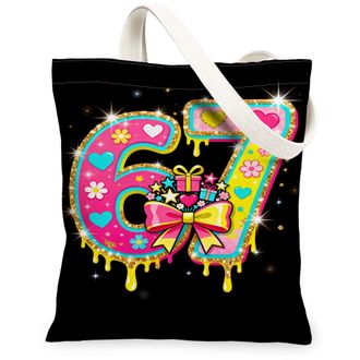 Generic Floral Canvas Tote Bags, Colorful Number Design Reusable Grocery Bags, Fun Lightweight Washable Shoulder Strap for Travel B, Black, 13x15 Inch